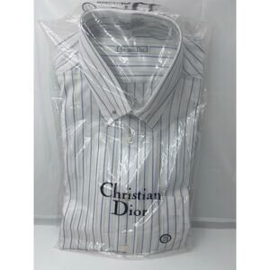 Vintage USA Christian Dior long sleeve button up white & blue striped 15.5 32/33